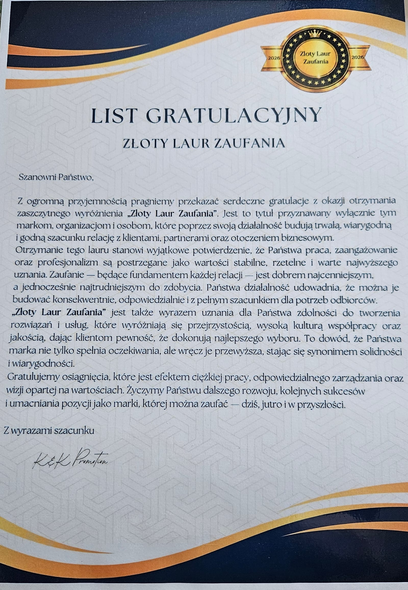 List gratulacyjny od organizatora wyróżnienia Złoty Laur Zaufania
